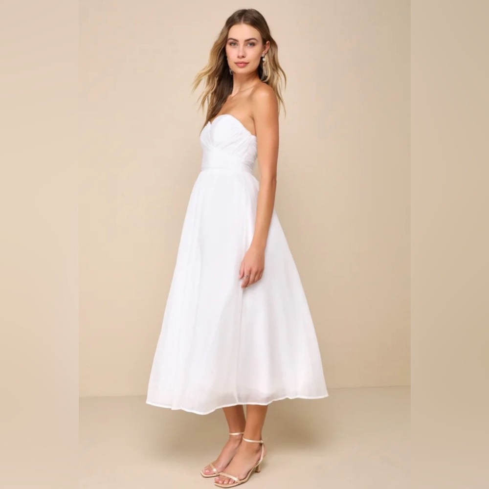 Lulus Fairytale Design White Organza Strapless A-Line Midi Dress